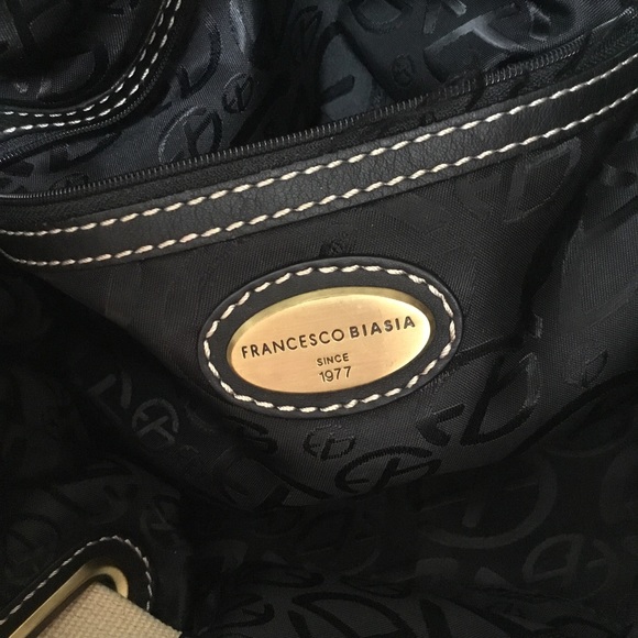 Francesco Biasia Genuine Black Leather Oversized Handbag Push Lock Canvas Strap - Picture 7 of 17